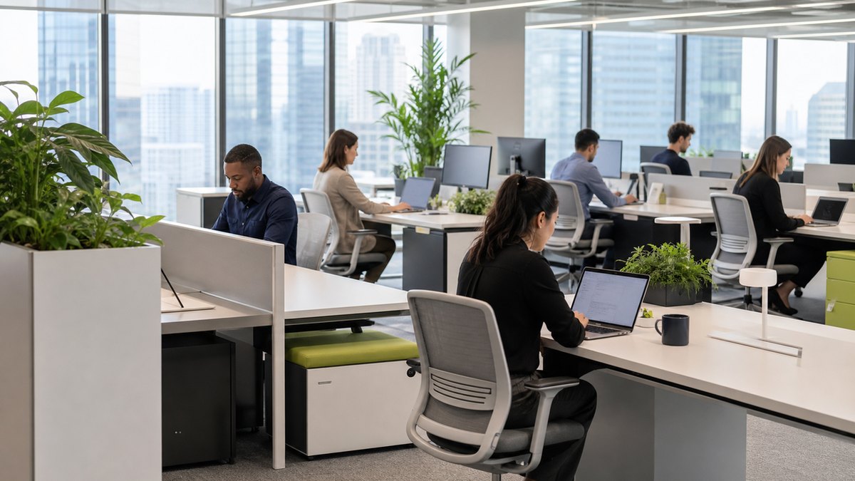 Open office workspace with marketing teams at their desks